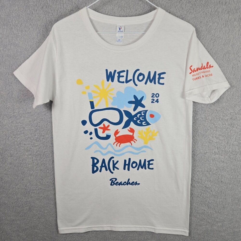 Yazbek Sandals Beaches Caribbean Resort Travel T-Shirt Mens S White Fish Crab